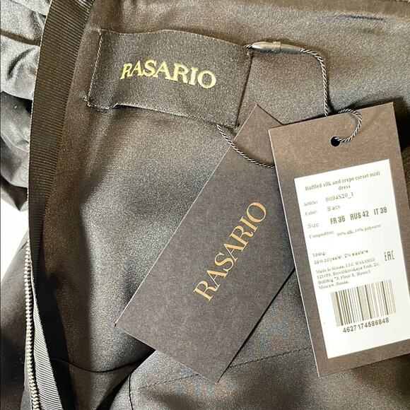 RASARIO Ruffled Silk and Crepe Corset Strapless Black Midi Dress Size 4 - Picture 8 of 11